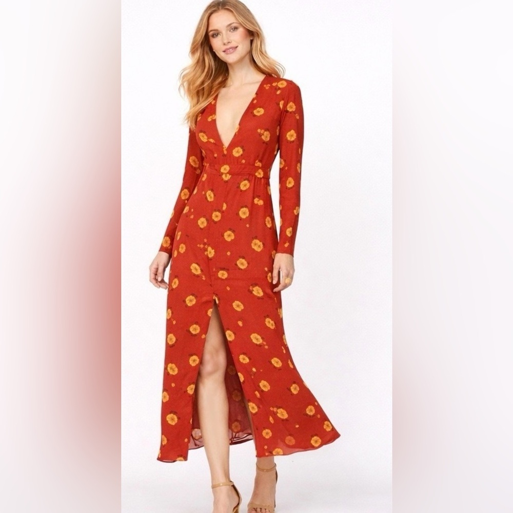 Reformation Red and Yellow Floral Long Sleeve Dress